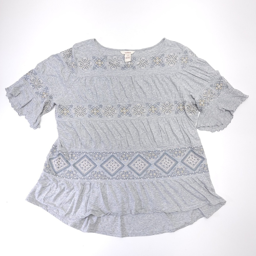 Sundance Short Sleeve Gray Ruffled Top Women's XL Embroidered Shirt